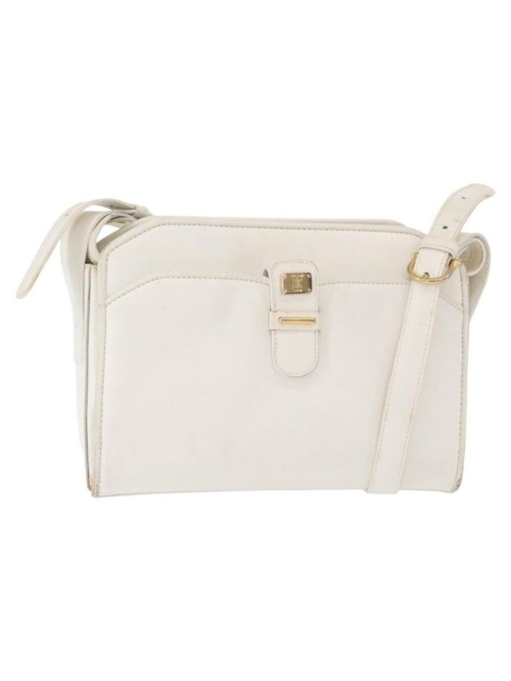 Authentic CELINE Shoulder Bag Leather White Gold